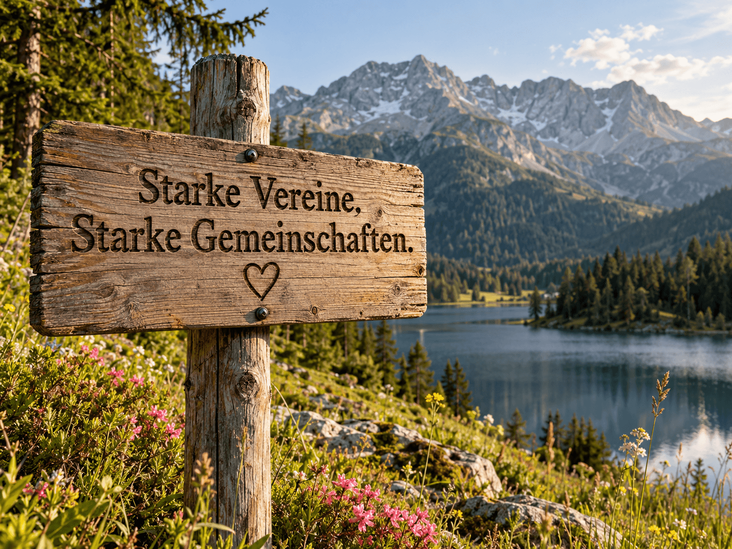 Ein Holzschild vor einem Alpensee: Starke Vereine. Starke Gemeinschaften.